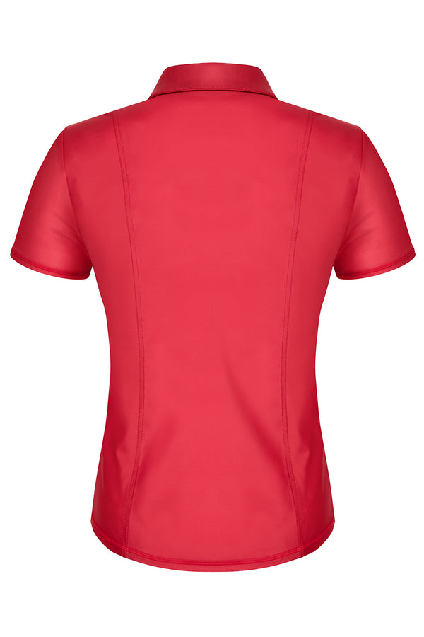 Rotes verführerisches Wetlook Poloshirt mit dunklem Reißverschluss von Regnes Fetish Planet – Ansicht 4