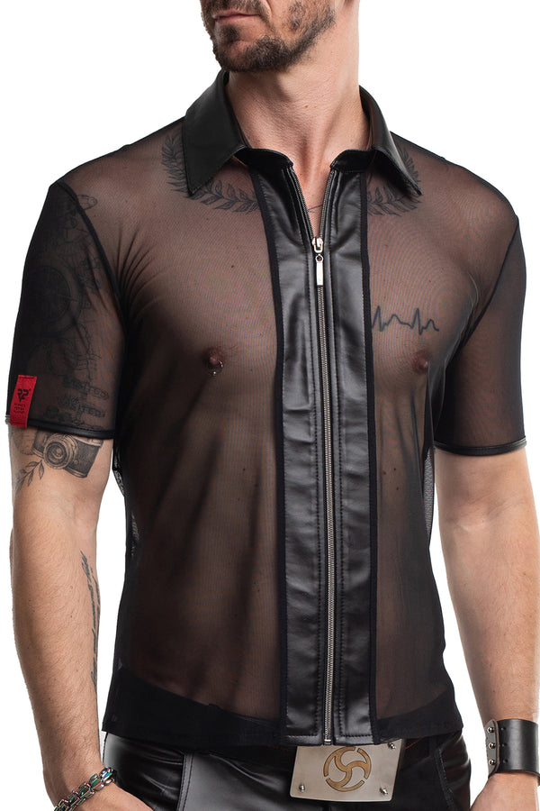 Transparentes Herren Mesh-Poloshirt mit Stehkragen von Regnes Fetish Planet – Ansicht 4