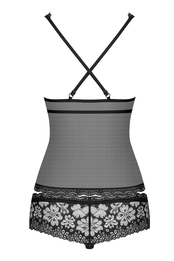 Schwarzes transparentes Babydoll mit feinen Spitzendetails und Hakenverschluss von Obsessive – Ansicht 4