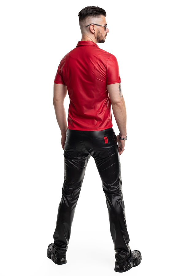 Rotes verführerisches Wetlook Poloshirt mit dunklem Reißverschluss von Regnes Fetish Planet – Ansicht 8