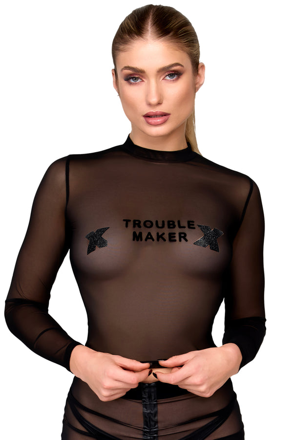 Sexy schwarzes Wetlook Top mit kreativem Cutout F389 von Noir Handmade – Ansicht 6
