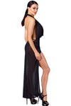Sinnliches schwarzes Onyx Liquid Maxi-Kleid mit Drapierung von Noir Handmade – Ansicht 5