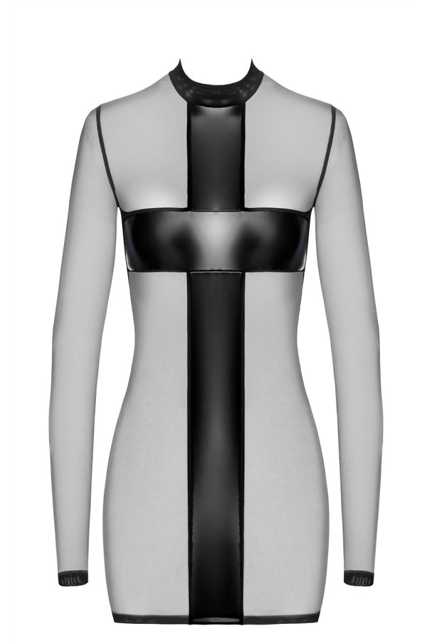 Sexy schwarzes Crossfire Netz-und-Wetlook Minikleid von Noir Handmade – Ansicht 2