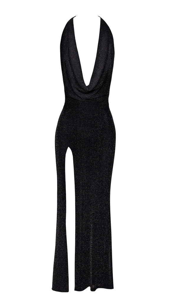 Sinnliches schwarzes Onyx Liquid Maxi-Kleid mit Drapierung von Noir Handmade – Ansicht 10