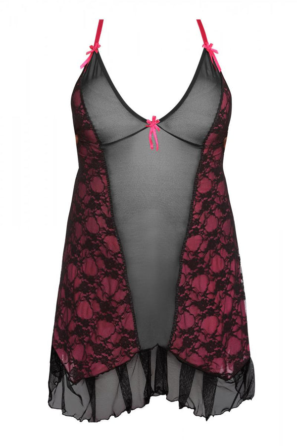 Schwarz pinkes verführerisches Minikleid mit Spitze und transparentem Tüll von Anais Apparel Size Plus – Ansicht 3