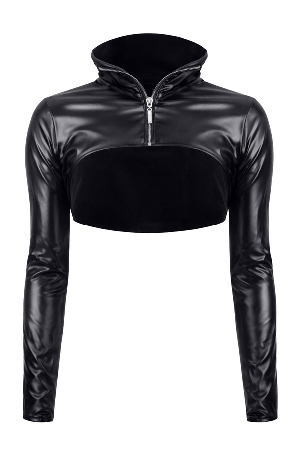Schwarze raubtierhafte Wetlook Jacke mit brustfreiem Design von Demoniq – Ansicht 2
