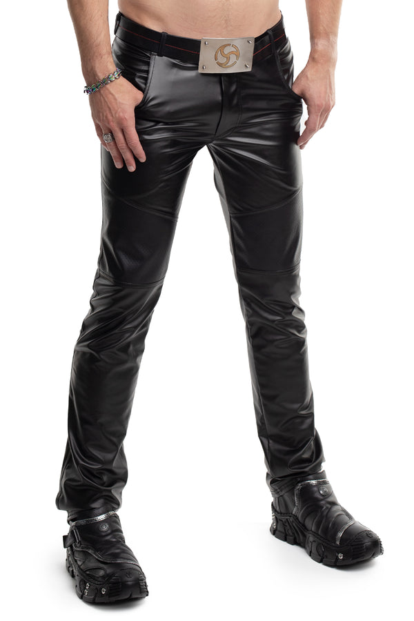 Schwarze verführerische Wetlook Hose mit perforierten Akzenten von Regnes Fetish Planet – Ansicht 6