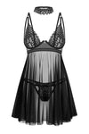 Schwarzes verführerisches Babydoll Set mit aufwendiger Stickerei von Obsessive – Ansicht 2