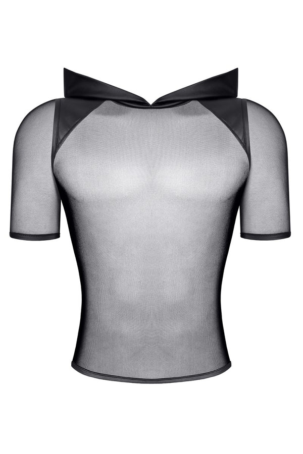 Schwarzes verführerisches Kapuzenshirt aus feinem Netzmaterial von Regnes Fetish Planet – Ansicht 2