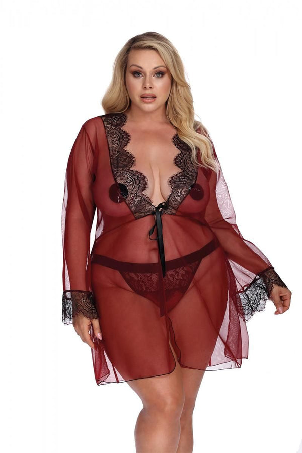 Roter verführerischer Tüllmorgenmantel mit eleganter Spitze von Anais Apparel Size Plus – Ansicht 3