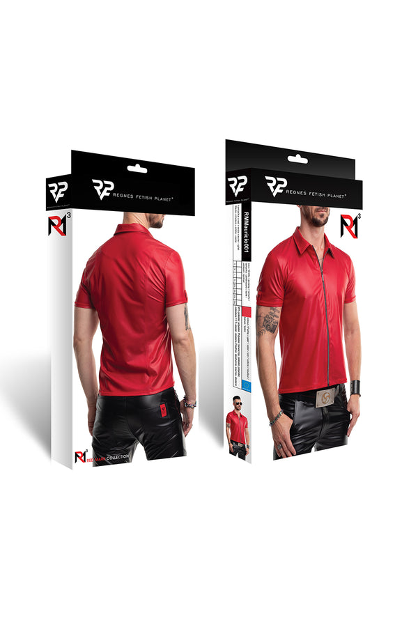 Rotes verführerisches Wetlook Poloshirt mit dunklem Reißverschluss von Regnes Fetish Planet – Ansicht 9