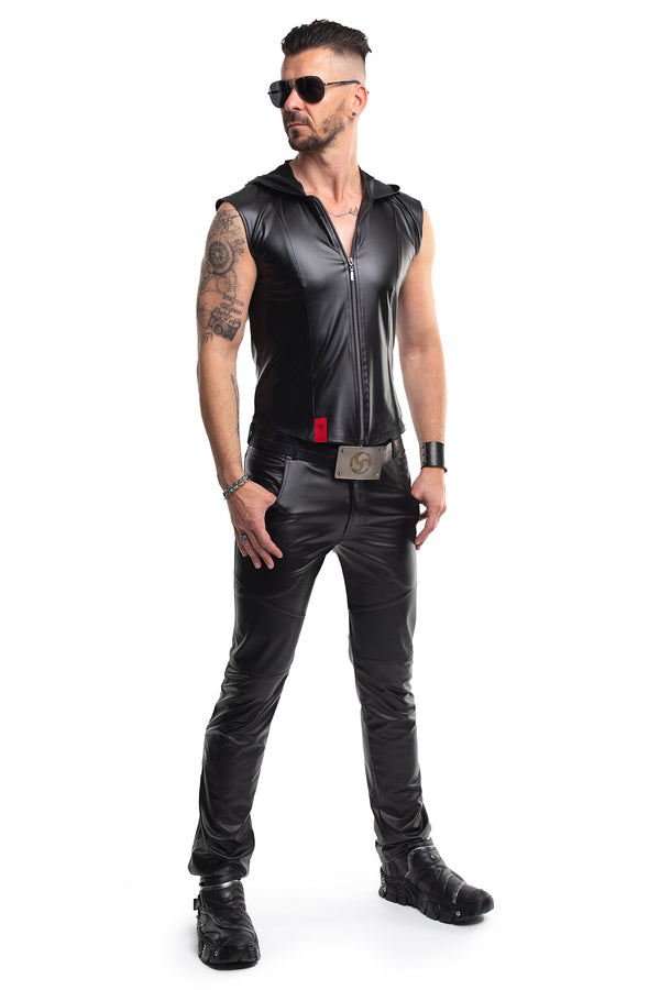 Schwarze verführerische Wetlook Hose mit perforierten Akzenten von Regnes Fetish Planet – Ansicht 10
