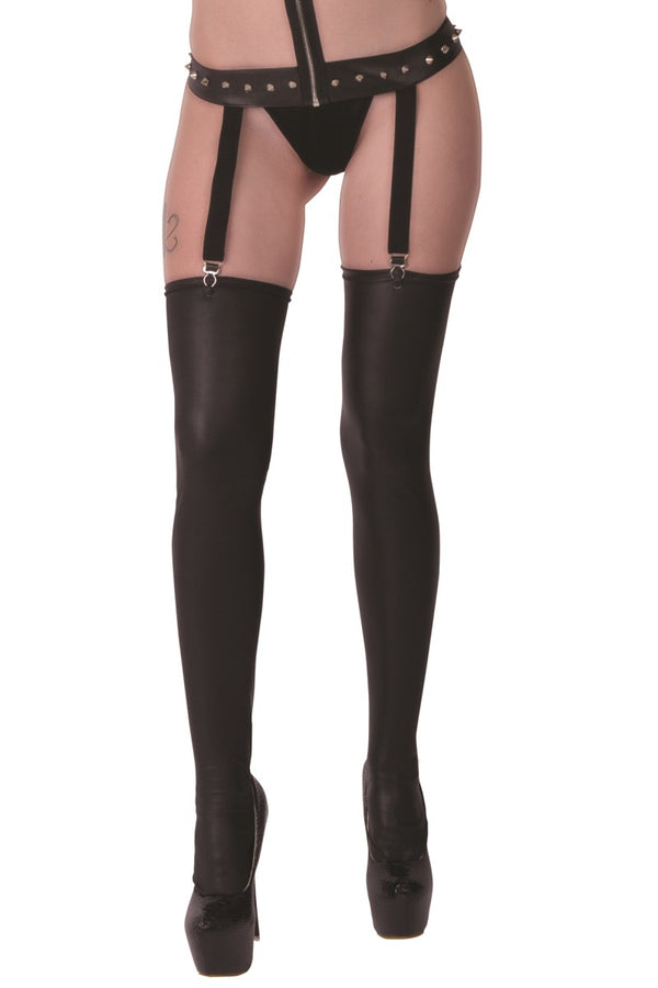 Schwarze verführerische Strapsstrümpfe aus weichem Wetlook Material von Legg Story