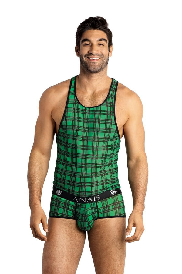 Grünes aufregend transparentes Herren Tank Top mit geometrischem Karo Muster von Anais for Men