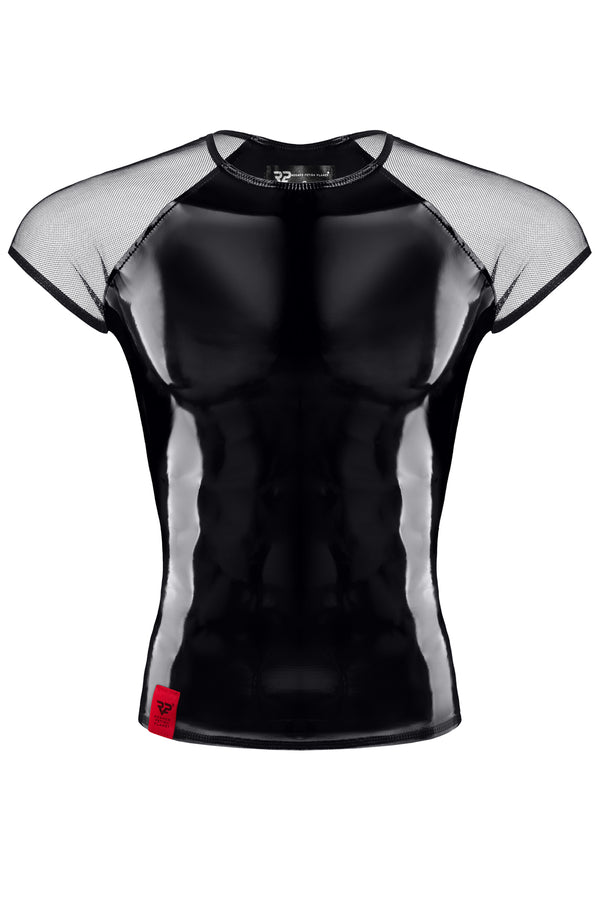 Schwarzes glänzendes Lackshirt mit transparenten Mesh Details von Regnes Fetish Planet – Ansicht 10