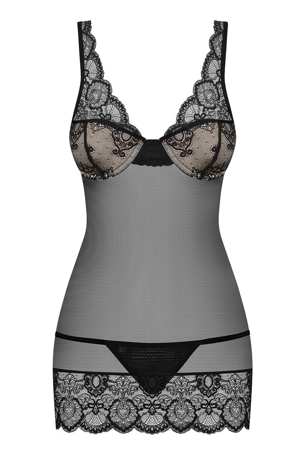 Schwarzes sinnliches Spitzen Nachtkleid mit aufregendem Nude Cup Effekt von Obsessive – Ansicht 3