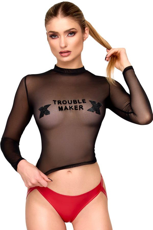 Sexy schwarzes Wetlook Top mit kreativem Cutout F389 von Noir Handmade – Ansicht 7