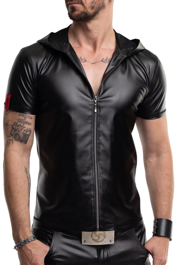Schwarzes verführerisches Wetlook Shirt mit Kapuze von Regnes Fetish Planet