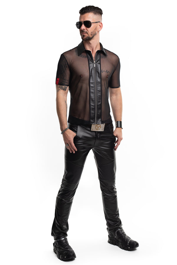 Transparentes Herren Mesh-Poloshirt mit Stehkragen von Regnes Fetish Planet – Ansicht 6