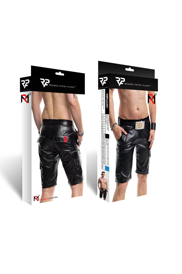 Schwarze maskuline Wetlook Cargo Shorts mit provokanten Details von Regnes Fetish Planet – Ansicht 9