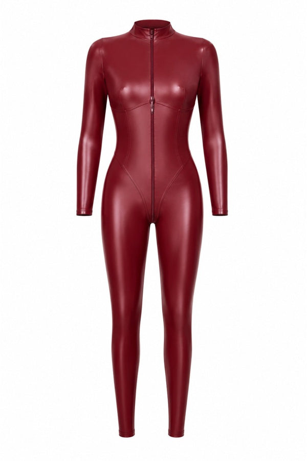 Burgunderroter hautenger Ganzkörper Overall aus glänzendem Powerwetlook von Noir Handmade – Ansicht 2