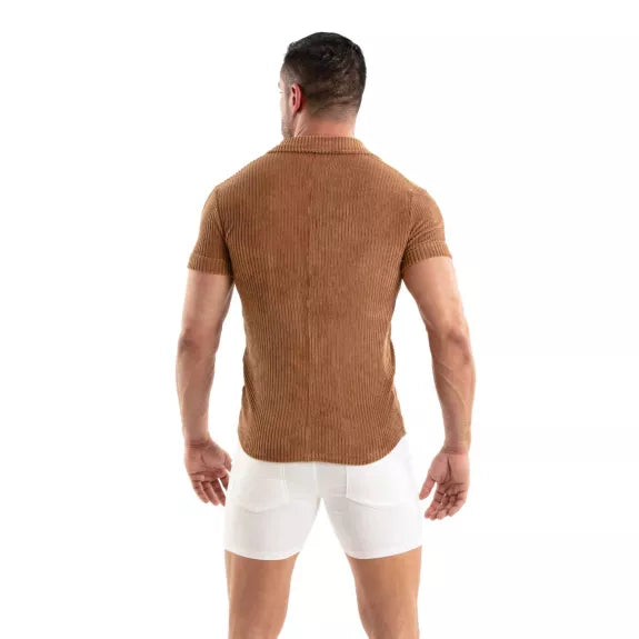 Herren Cordhemd kurzarm - Retro-Chic, taillierter Schnitt, Kamel | TOF Paris