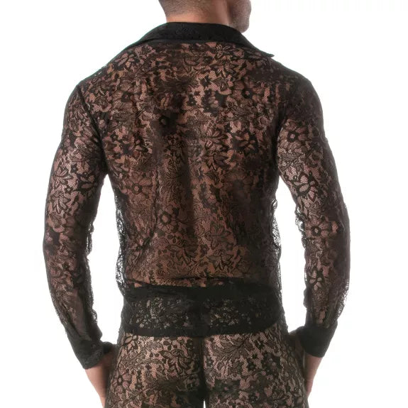 Langarm Spitzenhemd Herren - Slim Fit, semi-transparent, elegant, Schwarz | TOF Paris