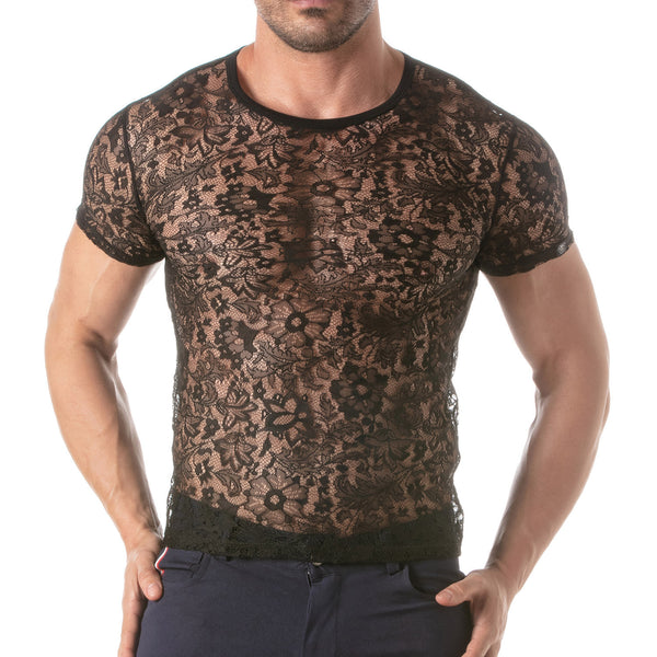 Herren T-Shirt aus floraler Spitze - elegant & körperbetont, schwarz | TOF Paris