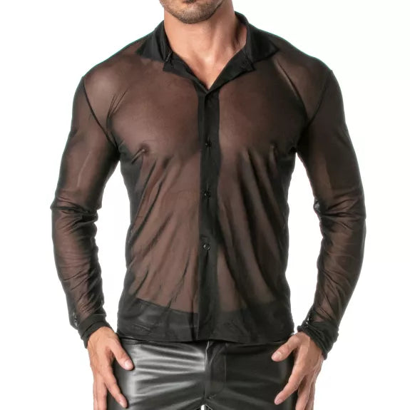 Herren Langarmshirt Slim Fit Schwarz - Atmungsaktives Mesh-Shirt | TOF Paris