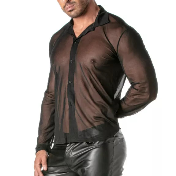 Herren Langarmshirt Slim Fit Schwarz - Atmungsaktives Mesh-Shirt | TOF Paris