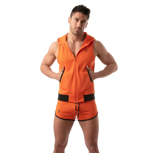 Orangene Mesh Sleeveless Hoodie im sportlichen Designer Look von TOF Paris – Ansicht 7