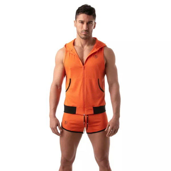 Orangene Mesh Sleeveless Hoodie im sportlichen Designer Look von TOF Paris – Ansicht 6