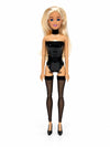 Sammlerpuppe Barely Innocent Black von Noir Handmade im schwarzen Body mit Choker und transparenten halterlosen Strümpfen, Vorderansicht