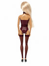 Sammlerpuppe Barely Innocent Burgundy von Noir Handmade im burgunderfarbenen Body mit Choker und transparenten halterlosen Strümpfen, Rückansicht