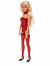 Sammlerpuppe Barely Innocent Red von Noir Handmade im roten Body mit Choker und roten halterlosen Strümpfen, Seitenansicht