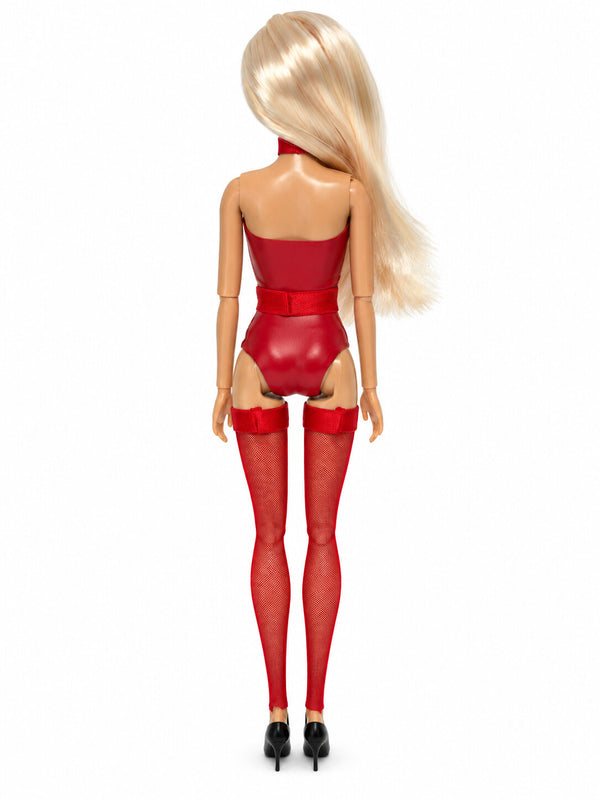 Sammlerpuppe Barely Innocent Red von Noir Handmade im roten Body mit Choker und roten halterlosen Strümpfen, Rückansicht