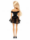 Sammlerpuppe Midnight Bloom Black von Noir Handmade im schwarzen schulterfreien Minikleid mit ausgestelltem Tüllrock, Rückansicht