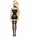 Sammlerpuppe Private Show Black von Noir Handmade im schwarzen Minikleid mit transparenten Streifen, Choker und halterlosen Strümpfen, Rückansicht