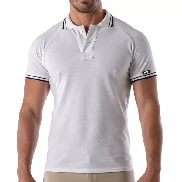 Weißes körperbetontes Poloshirt mit markanten Kontraststreifen von TOF Paris