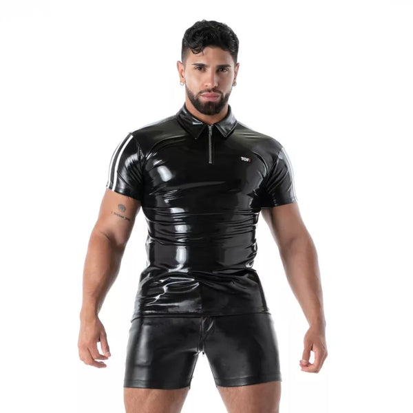Schwarzes Latex Polo Shirt im Second Skin Designer Look von TOF Paris