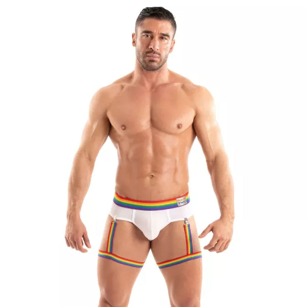 Buntes Pride Leg Harness mit elastischer Passform von TOF Paris – Ansicht 2