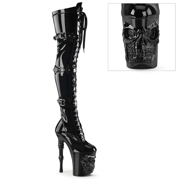 RAPTURE-3028 Plateau Overknee Stiefel - Schwarz Lack Totenkopf von Pleaser