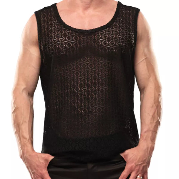 Schwarzes transparentes Tanktop aus elastischer Spitze von TOF Paris