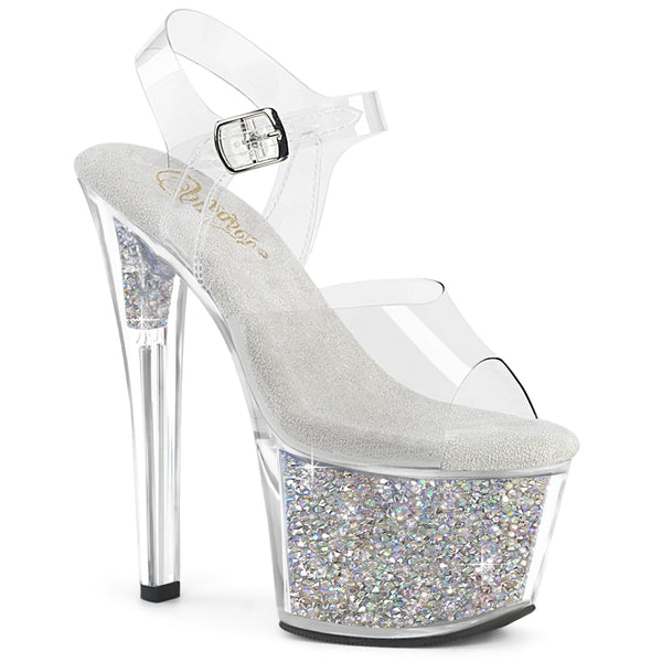 SKY-308RSI Plateau High Heel Sandaletten - Silber/Transparent Glitzer von Pleaser