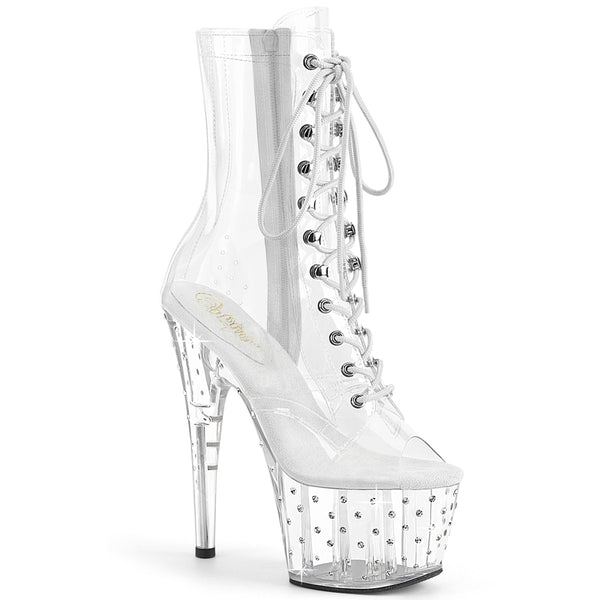 STARDUST-1021C-7 - Plateau Stiefeletten - Transparent mit Strass | Pleaser