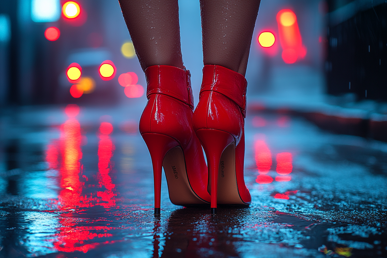 Rote High heels auf einer verregneten Straße im hintergrund unscharfe Straßenlichter