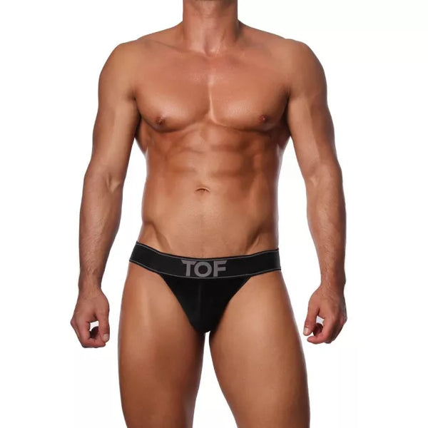 Schwarzer verführerischer Jockstrap aus sinnlichem Samtstoff von TOF Paris – Ansicht 2