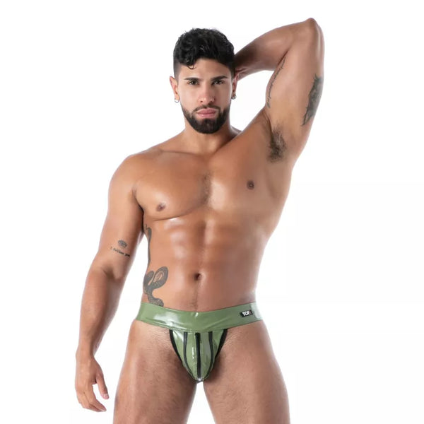 Khakifarbener Zipped Latex Second Skin-Jockstrap von TOF Paris – Ansicht 4