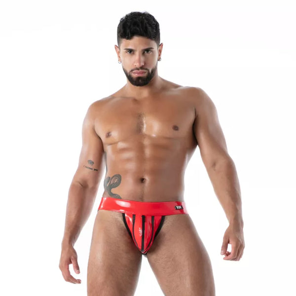 Roter Latex Jock mit durchgehendem Reißverschluss von TOF Paris – Ansicht 4