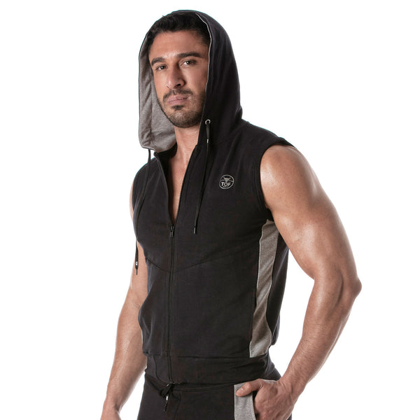 Ärmelloser Zip-Hoodie schwarz - Stretch, Taschen & Kontraststreifen | TOF Paris